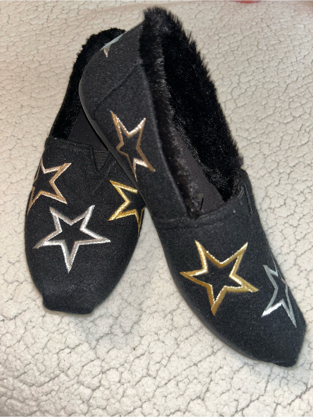 Toms Black Slip-On Flats with Gold and Silver Star Embroidery